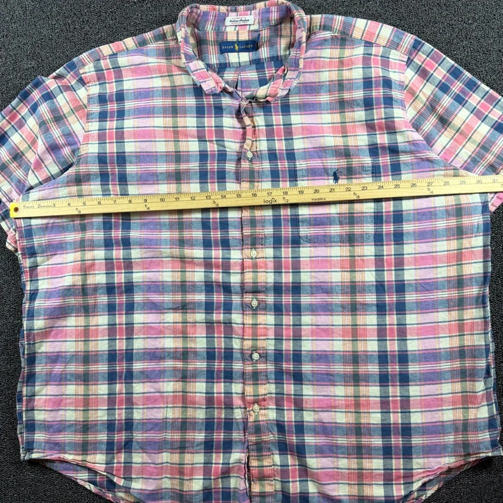 Polo Ralph Lauren Indian Madras Shirt Mens 3XB Pink Blue Plaid Short Sleeve Pony